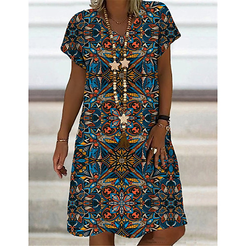 

Women's T Shirt Dress Tee Dress Knee Length Dress Blue Short Sleeve Floral Print Print Spring Summer V Neck Casual Holiday 2021 S M L XL XXL 3XL