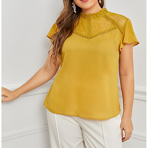 

Women's Plus Size Tops Blouse T shirt Plain Patchwork Lace Trims Short Sleeve Crewneck Basic Streetwear Yellow Big Size XL XXL 3XL 4XL