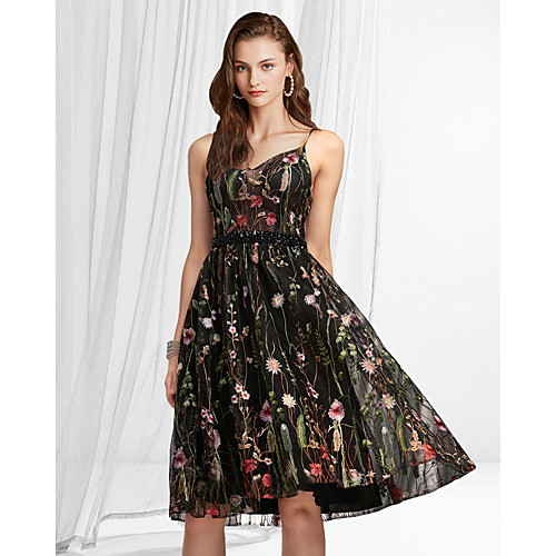 

A-Line Floral Boho Homecoming Party Wear Dress V Neck Sleeveless Knee Length Lace with Pattern / Print 2021