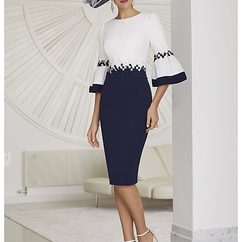 

Sheath / Column Mother of the Bride Dress Elegant Jewel Neck Knee Length Stretch Fabric Half Sleeve with Appliques Color Block 2021
