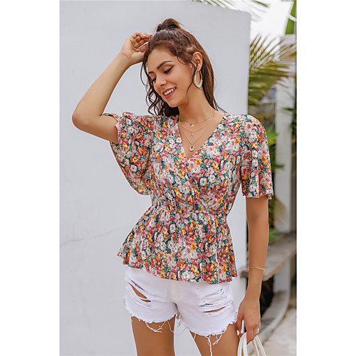 

Women's Floral Theme Blouse Shirt Floral Print V Neck Basic Streetwear Tops Blushing Pink