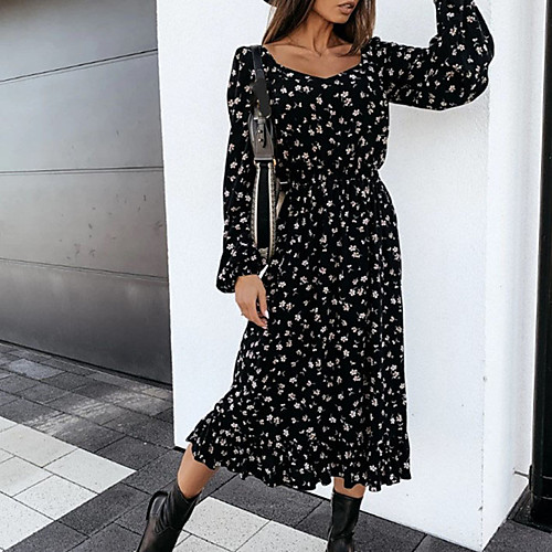 

Women's Swing Dress Midi Dress khaki Black Long Sleeve Flower Modern Style Spring Summer Square Neck Casual S M L XL XXL XXXL