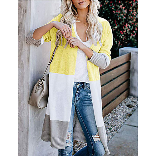 

Women's Casual Color Block Color Block Cardigan Long Sleeve Sweater Cardigans Open Front Fall Spring Blue Yellow Blushing Pink