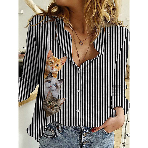 

Women's 3D Cat Blouse Shirt Striped Cat 3D Long Sleeve Button Print Shirt Collar Basic Tops Black