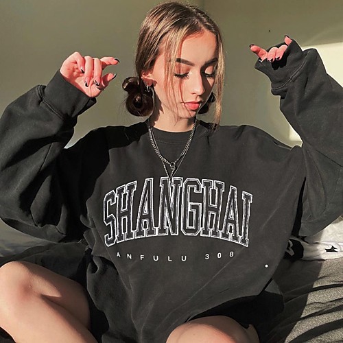 

Women's Sweatshirt Pullover Text Oversized Print Daily Sports Hot Stamping Sportswear Streetwear Hoodies Sweatshirts Black