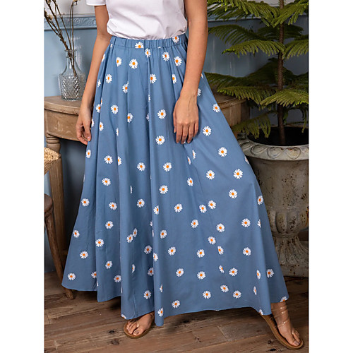

Women's Vacation Going out Basic Streetwear Maxi Skirts Floral / Botanical Tulle Print Blue Green