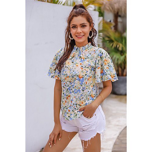 

Women's Floral Theme Blouse Shirt Floral Print High Neck Basic Streetwear Tops Blue
