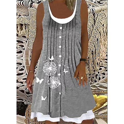 

Women's A Line Dress Knee Length Dress Gray Khaki Light Blue Sleeveless Floral Button Print Spring Summer Round Neck Casual Holiday 2021 XS S M L XL