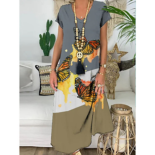 

Women's Shift Dress Maxi long Dress Purple Gray Green Short Sleeve Butterfly Animal Print Fall Summer Round Neck Casual 2021 S M L XL XXL