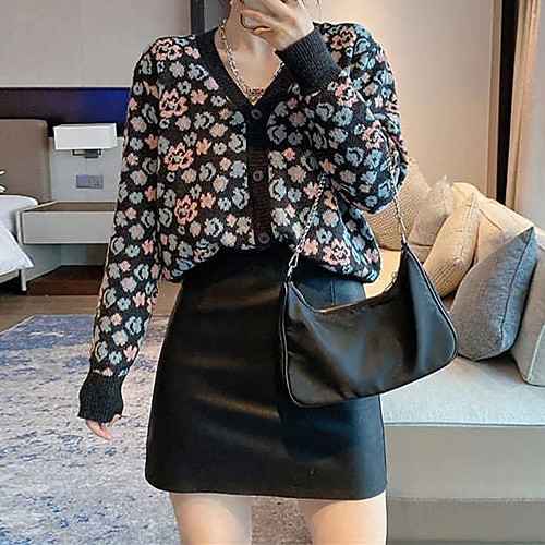 

Women's Pattern Cardigan Long Sleeve Sweater Cardigans V Neck Black