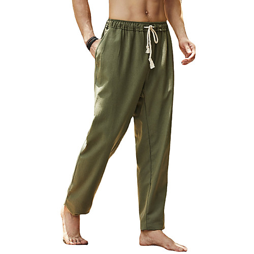 

Men's Casual Pants Long Trousers Elastic Drawstring Waistband 20.4% Linen Classic Style Retro Straight Pants With Pocket Breathable Summer Autumn Sporty Solid ArmyGreen Khaki White Black Dark Gray