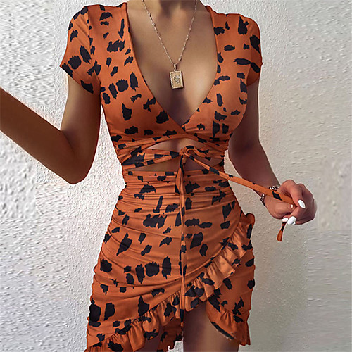 

Women's Sheath Dress Short Mini Dress Blue Blushing Pink Orange Red Brown Light Green Short Sleeve Floral Lace up Ruffle Print Summer V Neck Casual Sexy 2021 S M L XL XXL 3XL / Cotton