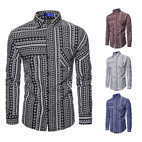 

Men's Shirt Striped Chains Print Long Sleeve Casual Tops Classic Hip-Hop Wine White Black