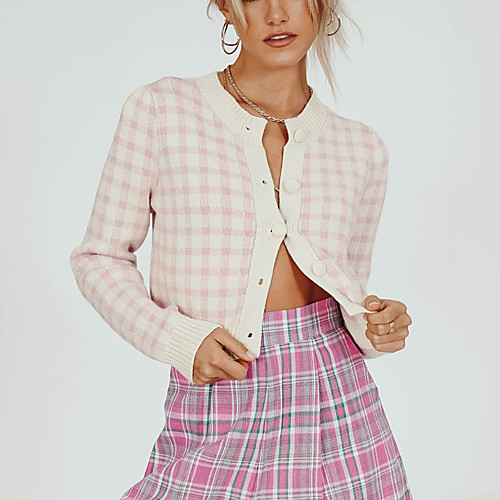 

Women's Stylish Check Pattern Plaid Cardigan Sweater Long Sleeve Sweater Cardigans Crew Neck Fall Spring Blue Yellow Blushing Pink
