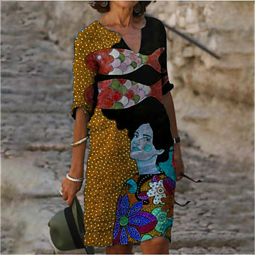 

Women's A Line Dress Knee Length Dress Blue Purple Yellow 3/4 Length Sleeve Floral Abstract Print Summer V Neck Casual 2021 S M L XL XXL 3XL 4XL 5XL
