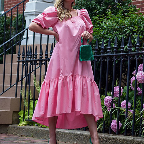 

Women's Swing Dress Maxi long Dress Blushing Pink Half Sleeve Solid Color Ruched Summer Round Neck Boho 2021 S M L XL