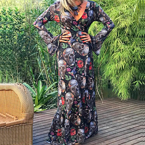 

Women's Swing Dress Maxi long Dress Black Long Sleeve Skeleton Print Spring Summer V Neck Sexy 2021 S M L XL XXL XXXL