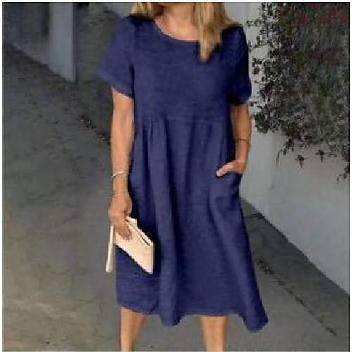 

Women's A Line Dress Blushing Pink White Dark Blue Short Sleeve Solid Color Pocket Spring Summer Round Neck Basic Casual 2021 S M L XL XXL XXXL 4XL 5XL