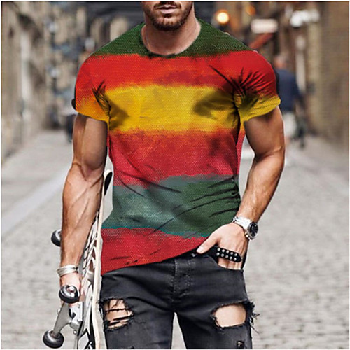 

Men's Tee T shirt Shirt 3D Print Rainbow Graphic Geometric Plus Size Short Sleeve Casual Tops Basic Designer Slim Fit Big and Tall Red Yellow