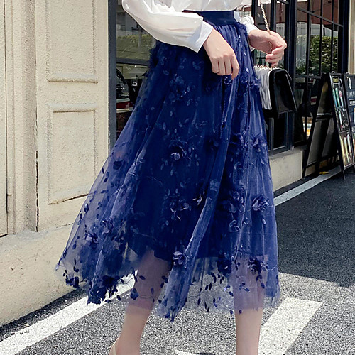 

Women's Casual / Daily Weekend Basic Streetwear Calf-Length Skirts Floral / Botanical Flower Embroidered Layered Blue Blushing Pink Gray