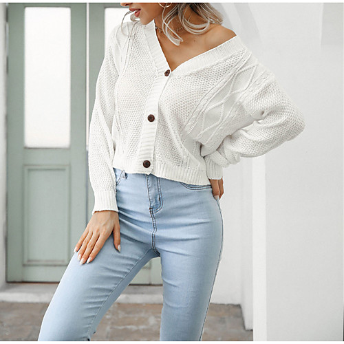 

Women's Casual Modern Style Solid Color Cardigan Sweater Long Sleeve Sweater Cardigans V Neck Fall Blushing Pink White Black