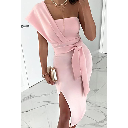 

Women's Sheath Dress Knee Length Dress Blushing Pink Sleeveless Solid Color Layered Split Bow Spring Summer Strapless Elegant Holiday 2021 S M L XL