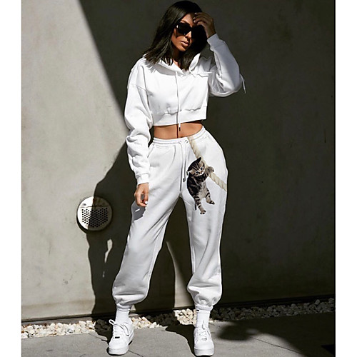 

Women's Streetwear Sweatpants Comfort Going out Weekend Jogger Pants 3D Print Cat Animal Full Length Elastic Drawstring Design Print White