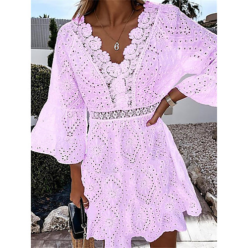 

Women's A Line Dress Short Mini Dress Blue Purple Yellow Blushing Pink Green White Half Sleeve Solid Color Lace Patchwork Summer V Neck Casual 2021 S M L XL XXL 3XL 4XL