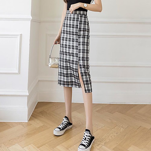 

Women's Going out Weekend Basic Streetwear Calf-Length Skirts Plaid Checkered Split Print Green Black