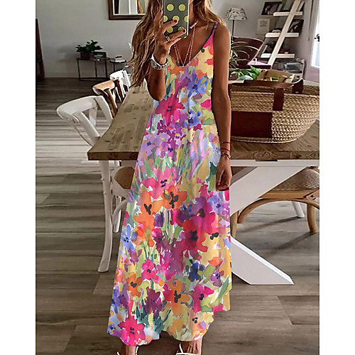 

Women's A Line Dress Maxi long Dress Rainbow Sleeveless Floral Print Summer V Neck Casual 2021 S M L XL XXL 3XL