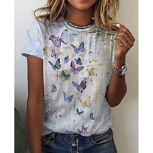 

Women's Butterfly Painting T shirt Butterfly Animal Print Round Neck Basic Tops Blue