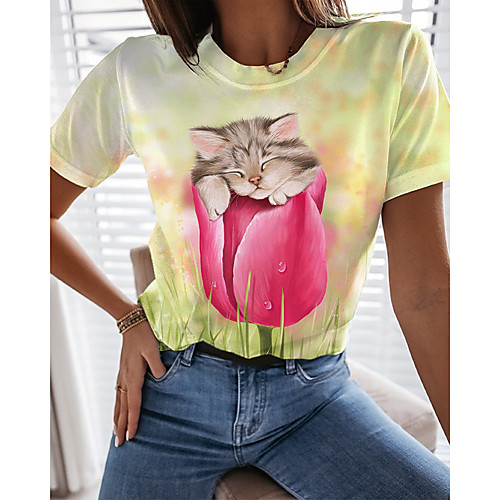 

Women's Floral Theme 3D Cat Painting T shirt Floral Cat 3D Print Round Neck Basic Tops Green