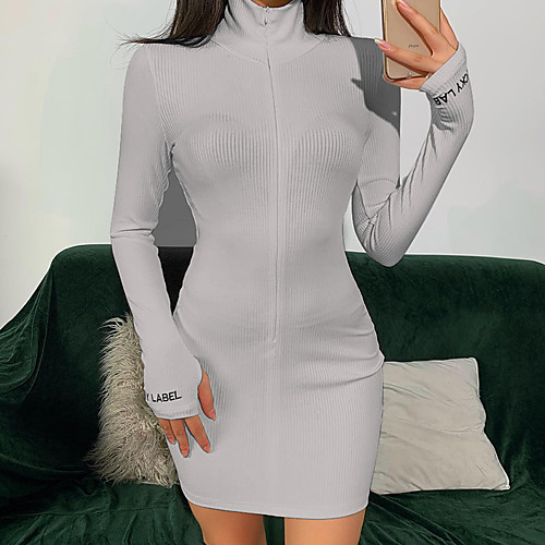 

Women's Sheath Dress Short Mini Dress Blushing Pink Gray White Black Long Sleeve Solid Color Zipper Spring Summer High Neck Sexy 2021 S M L XL XXL XXXL