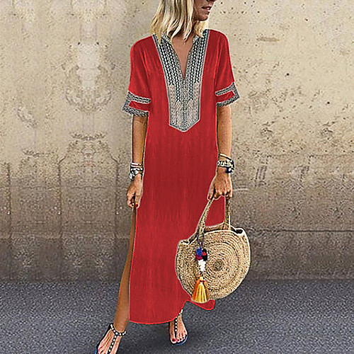 

Women's Loose Maxi long Dress Purple Yellow Blushing Pink Green Black Red Half Sleeve Geometic Split Spring Summer Deep V Ethnic Casual 2021 S M L XL XXL 3XL 4XL 5XL