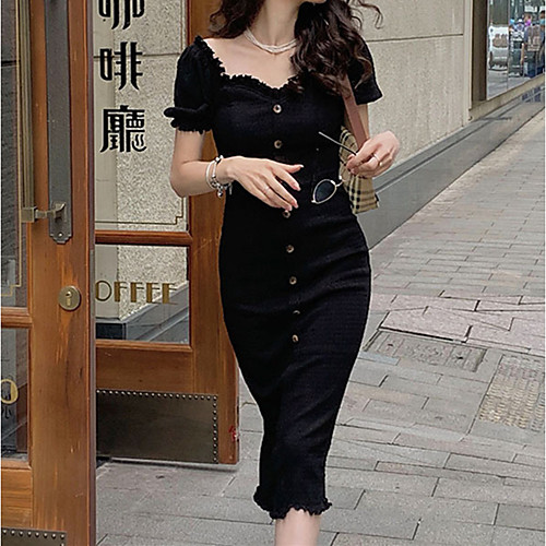 

Women's Shift Dress Midi Dress Pearl White Obsidian Black Wizard Green Short Sleeve Solid Color Ruffle Button Spring Summer Casual 2021 S M L