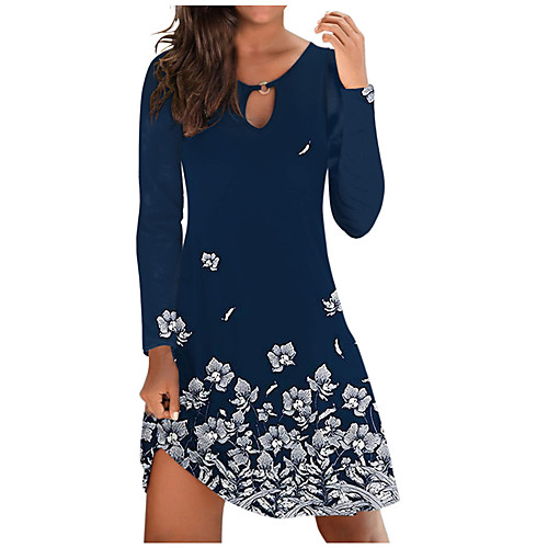 

Women's A Line Dress Short Mini Dress Purple Black Red Navy Blue Long Sleeve Floral Print Fall Summer Round Neck Casual 2021 S M L XL XXL 3XL 4XL 5XL