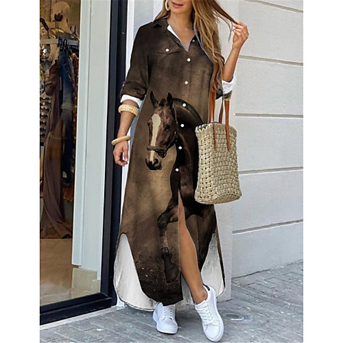 

Women's Shirt Dress Maxi long Dress Brown Long Sleeve Print Animal Print Spring Summer Shirt Collar Casual Holiday 2021 S M L XL XXL 3XL