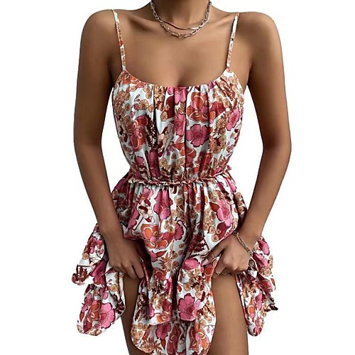

Women's Strap Dress Short Mini Dress Rainbow Sleeveless Floral Print Summer Boat Neck Casual 2021 S M L XL