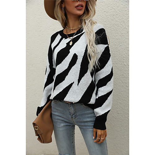 

Women's Casual Stripe Stripes Pullover Sweater Long Sleeve Sweater Cardigans Round Neck Fall Spring Red coffee Yellow Gray