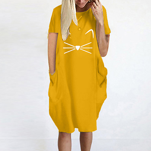 

Women's T Shirt Dress Tee Dress Knee Length Dress Blue Yellow Fuchsia Gray Green White Black Short Sleeve Cat Animal Summer Round Neck Casual Oversized 2021 S M L XL XXL 3XL 4XL 5XL