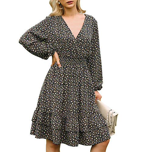 

Women's A Line Dress Short Mini Dress Black Long Sleeve Polka Dot Ruffle Print Fall Summer V Neck Casual 2021 M L XL XXL 3XL