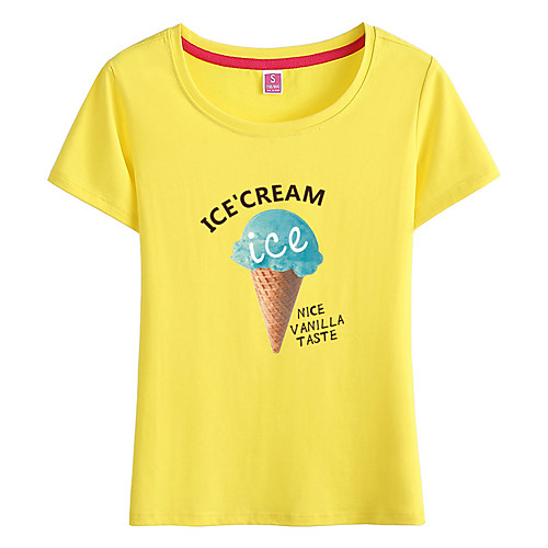 

Women's Painting T shirt Graphic Text Print Round Neck Basic Tops Cotton Yellow Blushing Pink White