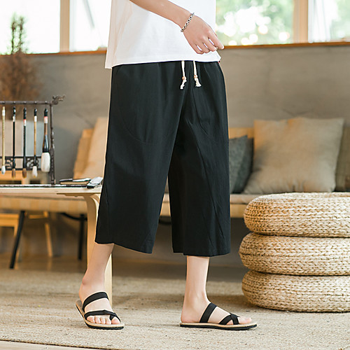 

Men's Chinoiserie Folk Style Outdoor Daily Home Chinos Pants Solid Colored Calf-Length Drawstring Wine Grey Khaki Black Navy Blue