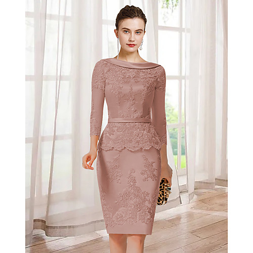 

Sheath / Column Mother of the Bride Dress Elegant Jewel Neck Knee Length Lace Charmeuse 3/4 Length Sleeve with Appliques 2021