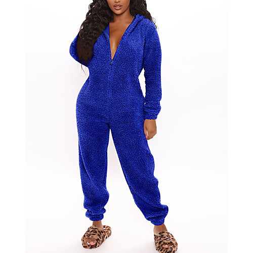 

4133 cross-border autumn and winter european and american women's clothing solid color plush hooded long-sleeved warm home jumpsuit with ears