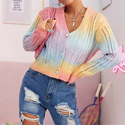 

Women's Casual Multi Color Cardigan Sweater Long Sleeve Sweater Cardigans V Neck Fall Winter Spring Rainbow