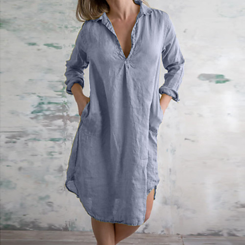 

Women's Loose Short Mini Dress Gray blue Yellow Long Sleeve Solid Color Spring & Fall Casual 2021 S M L XL XXL