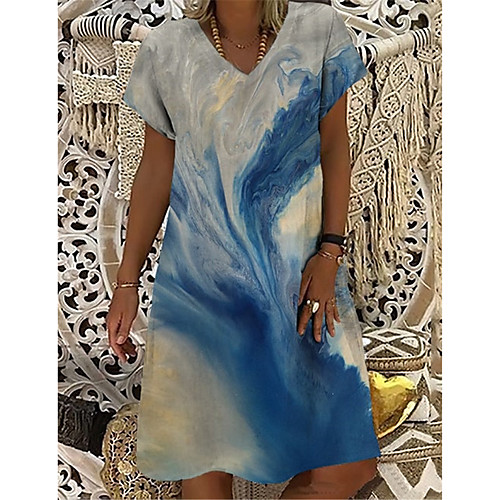 

Women's T Shirt Dress Tee Dress Knee Length Dress Blue Short Sleeve Print Color Gradient Print Summer V Neck Casual 2021 S M L XL XXL 3XL