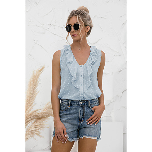 

Women's Tank Top Vest Polka Dot Ruffle Button V Neck Basic Streetwear Tops Blue Green Black