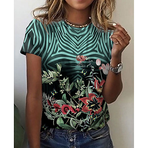 

Women's Floral Theme Painting T shirt Floral Graphic Print Round Neck Basic Tops Green